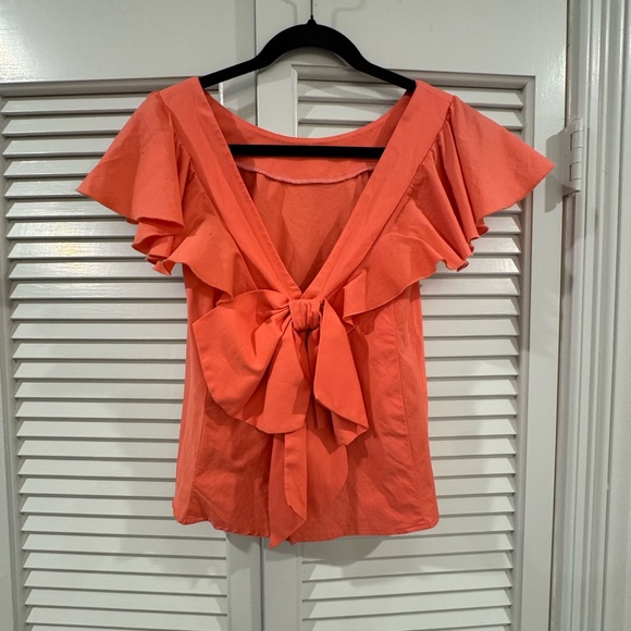 Chic Coral Ruffle Sleeve V- back Bow Blouse sz XS - Picture 2 of 4